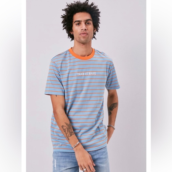 Forever 21 Other - Forever 21 Men Take It Easy Embroidered Graphic Striped Crewneck Tee Orange/Blue